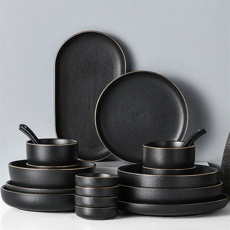 Matte Frosted Gilt Rim Black Porcelain Dinner Plate Set Kitchen Plate Ceramic Tableware Food Dishes Rice Salad Noodles Bowl