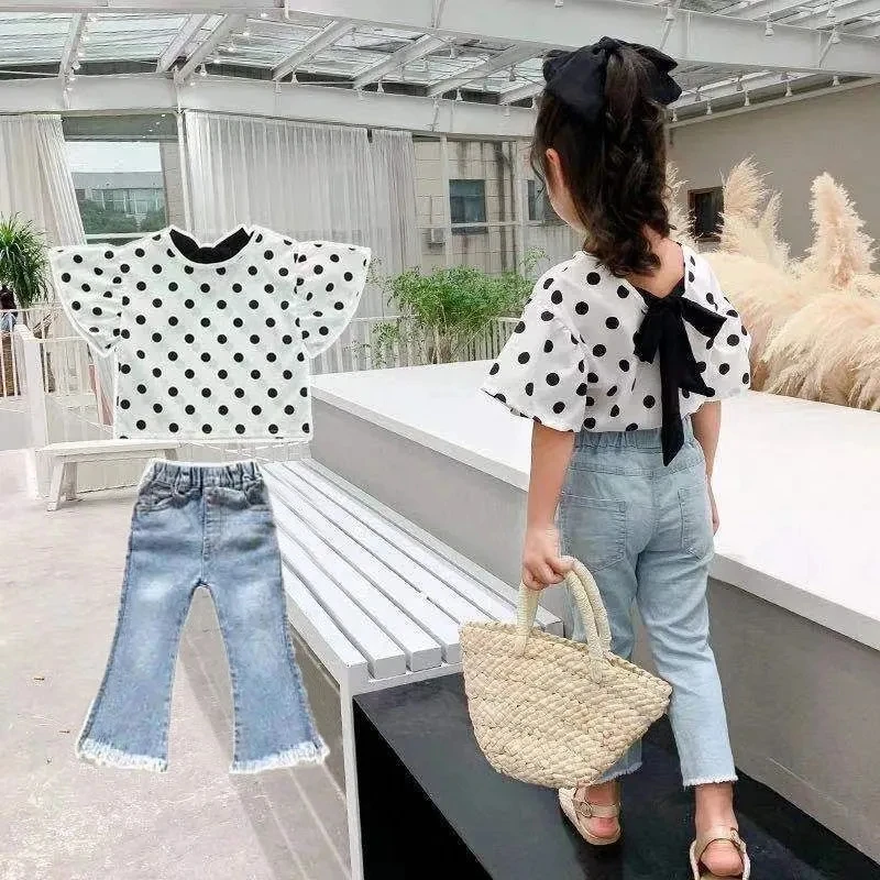 

Girls Baby Suit Jeans Flared Pants Polka Dot Shirt Suit for Girl Outfit Set Denim Trousers Children Clothing Set1 3 5 7Y