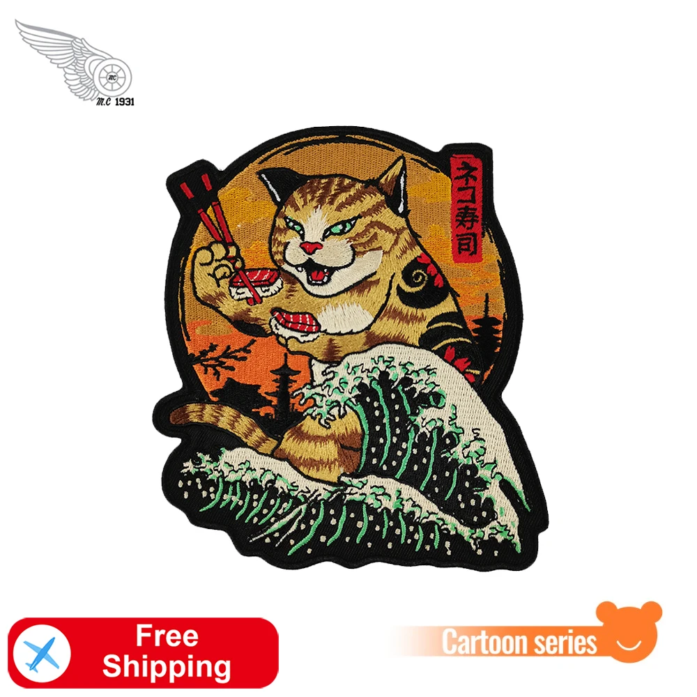 Sushi Cat Japanese Cartoon Embroidered Patches Iron on for Clothing Custom Anime Large Backpack Badges Twill Craft Stickers