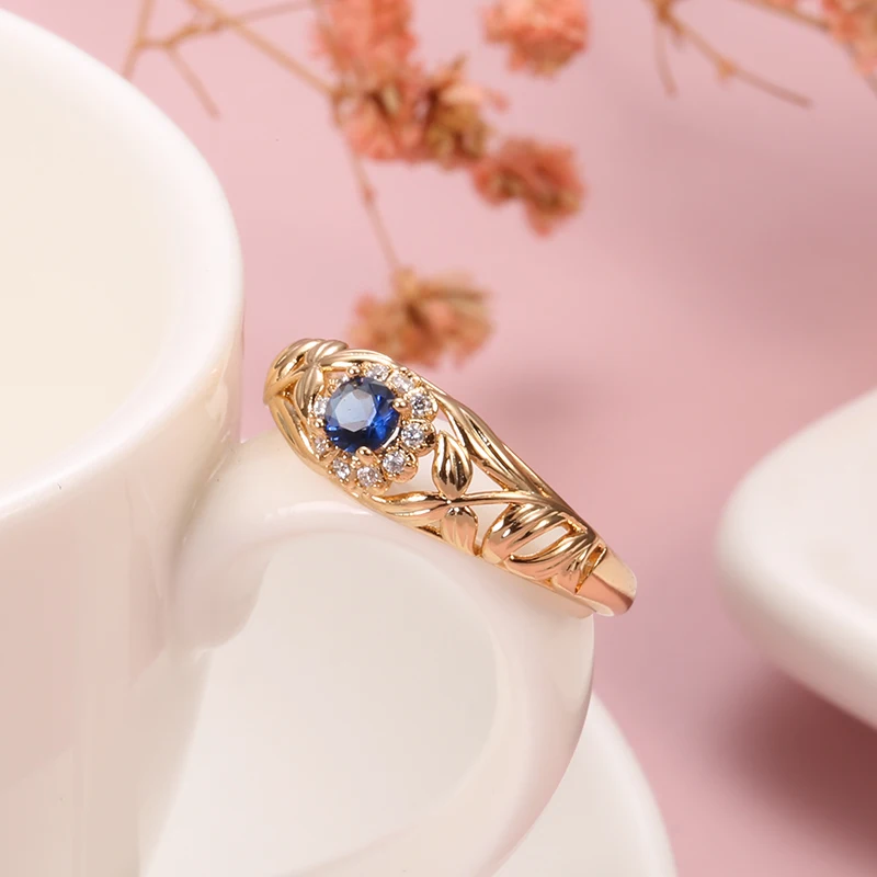 Blue Natural Zircon Rose Gold Hollow Flower Ring for Women - Wedding