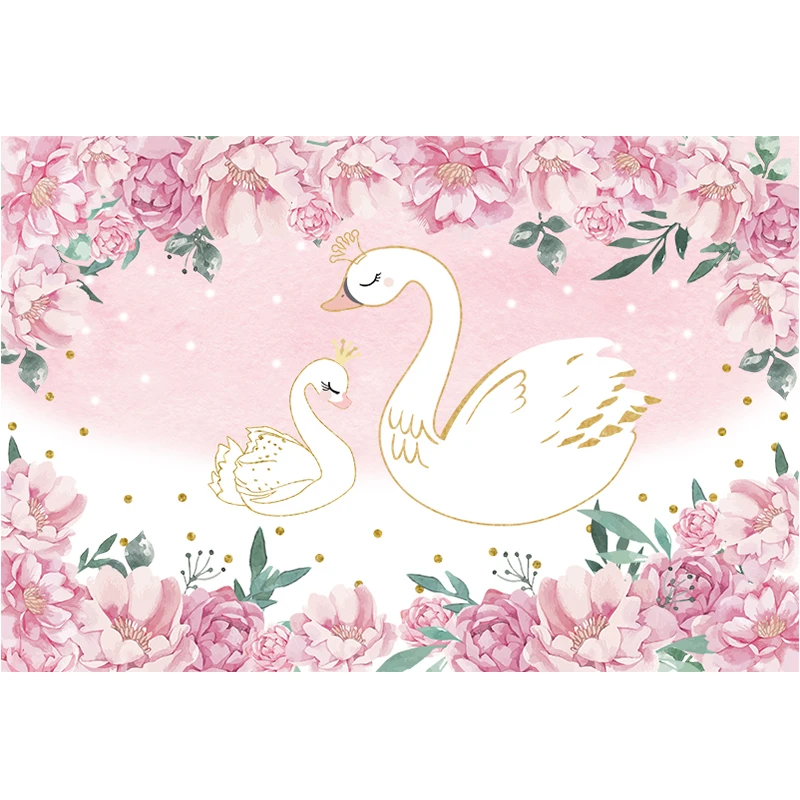 Swan Background Happy Birthday Baby Shower Newborn Pink Flower Party Backdrops Photo Studio for Baby Photocall Decoration