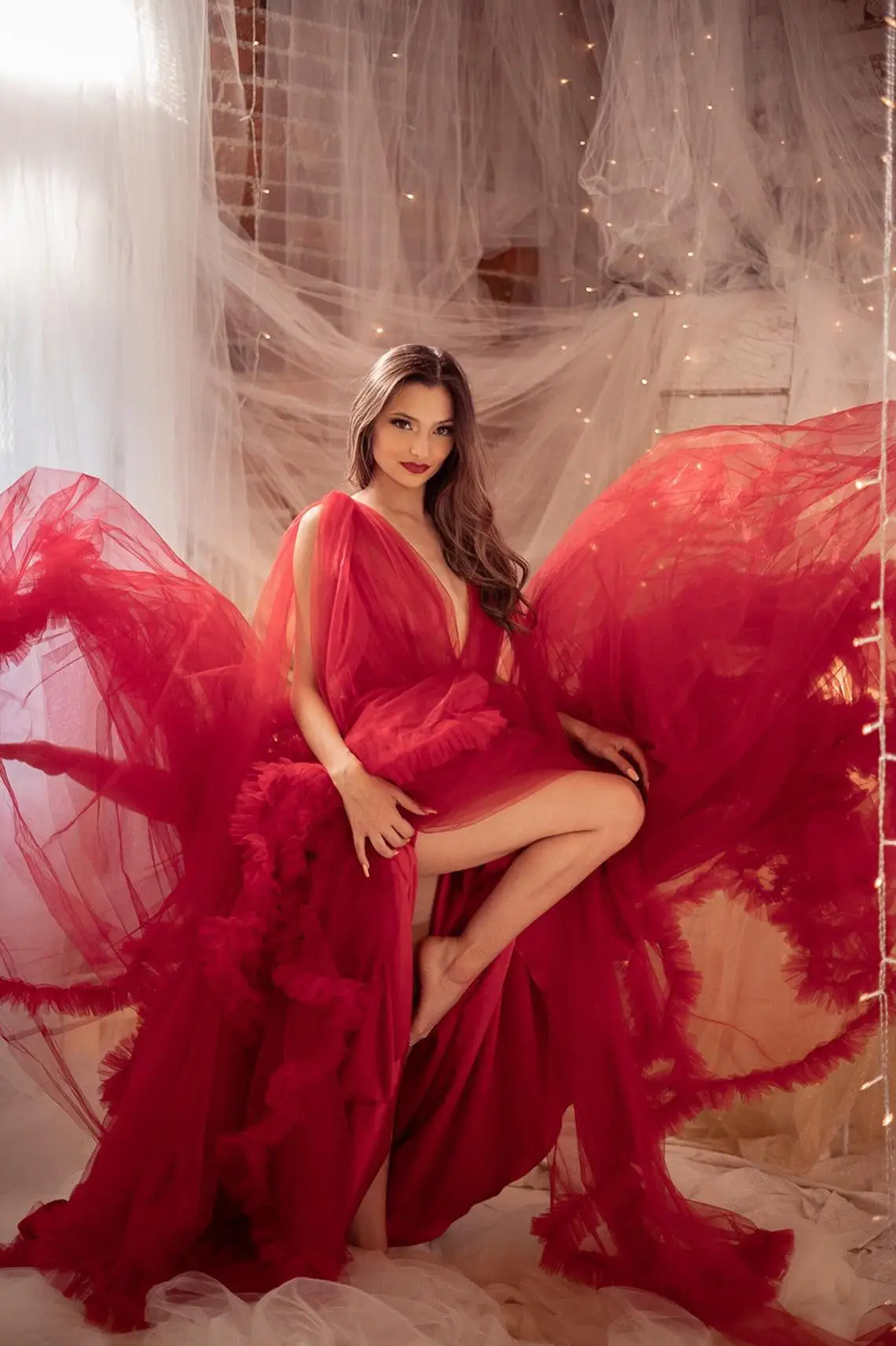 

Fluffy Tulle Prom Maternity Dress Robes For Photo Shoot Baby Shower Sheer Red Boudoir Honeymoon Wedding Photography