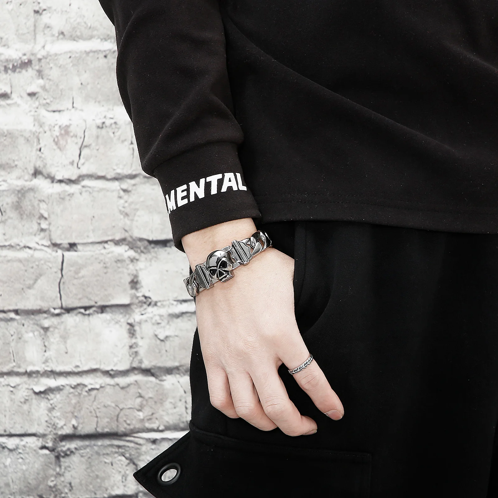 Fongten 22cm Skull Cuban Chain Bracelets For Men Stainless Steel Skeleton Curb Men Bangle Bracelet Gothic Jewelry Christmas