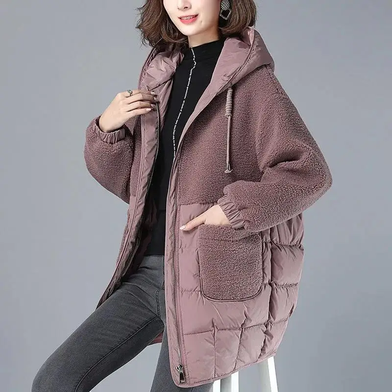 Vrouwen Gewatteerde Jassen Herfst Winter Hooded Bovenkleding 2021 Losse S-4XL Down Katoenen Jas Mid-Lengte Lam Wol Dikke Jas vrouwelijke