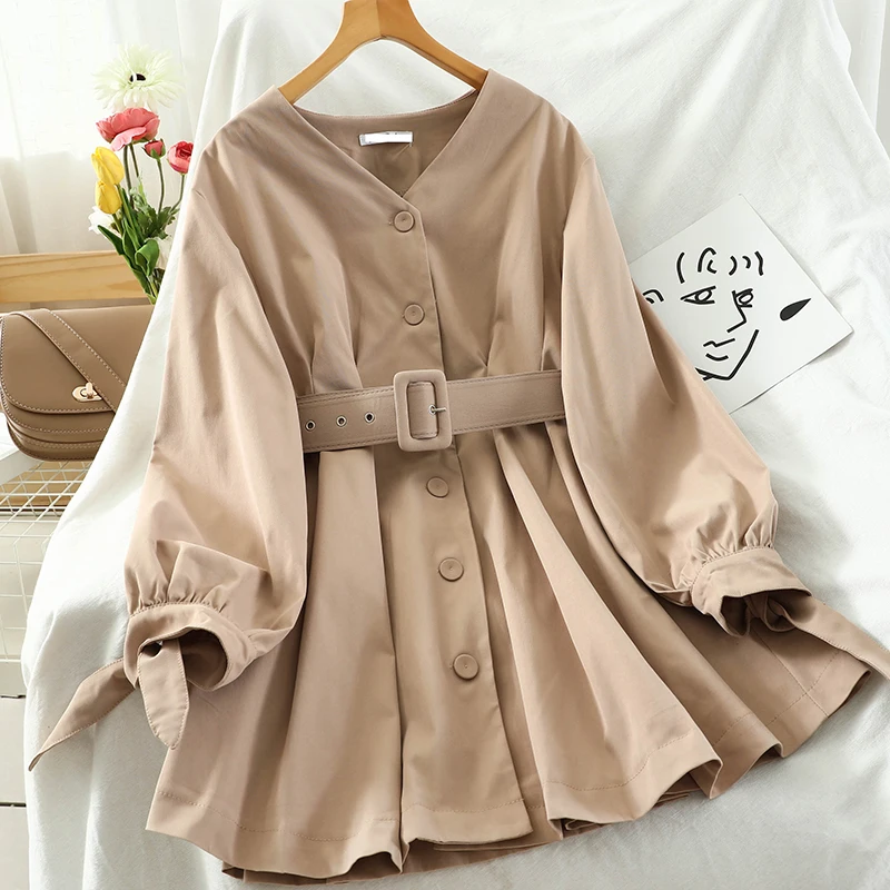 OUMEA Ladies Spring Autumn V Neck Vintage Dress Office Lady Style Midi Dress Women A line Casual Solid Color Cotton Belt Dress