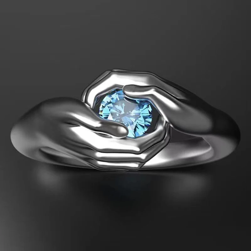 Plata de Ley 925 auténtica anillo de piedra de cristal pareja abrazo anillos abrazándose manos romántico de dedo de aleación de joyería para boda amor Bh