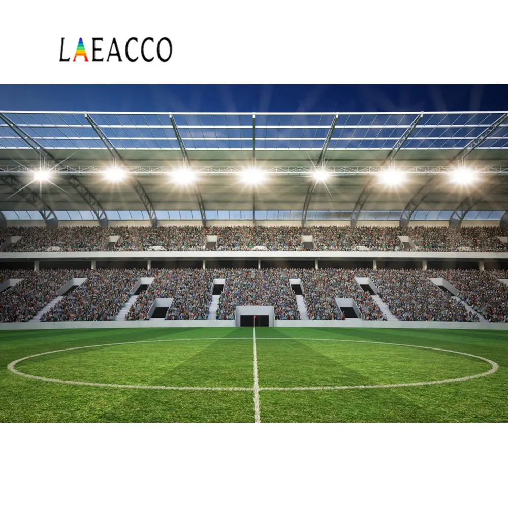 

Laeacco Soccer Backgrounds Green Grass Lawn Football Stadium Spotlight Child Portrait Photography Backdrops Photocall Studio