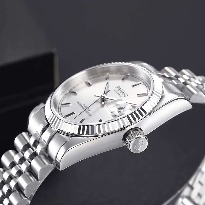 New Parnis 36MM Silver Dial Men Watch Luxury Brand Automatic Women Elegant Diamond Stainless Steel Bracelet Mechanical Watches