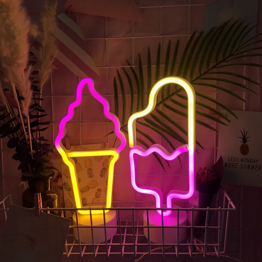 Luz LED de neón para decoración de dormitorio de niños, lámpara de mesa creativa con forma de helado, luces nocturnas, iluminación de emergencia