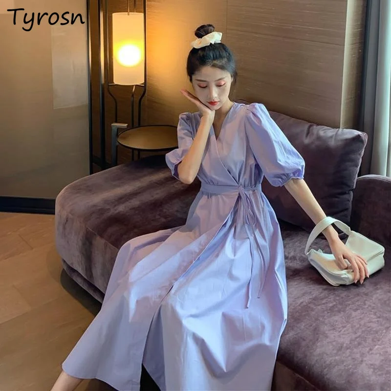 Puff Short Sleeve Dress Women Solid Purple Sweet All-match Elegant V-neck Belt Midi Dresses Mujer Defined Waist Vestidos Fashion