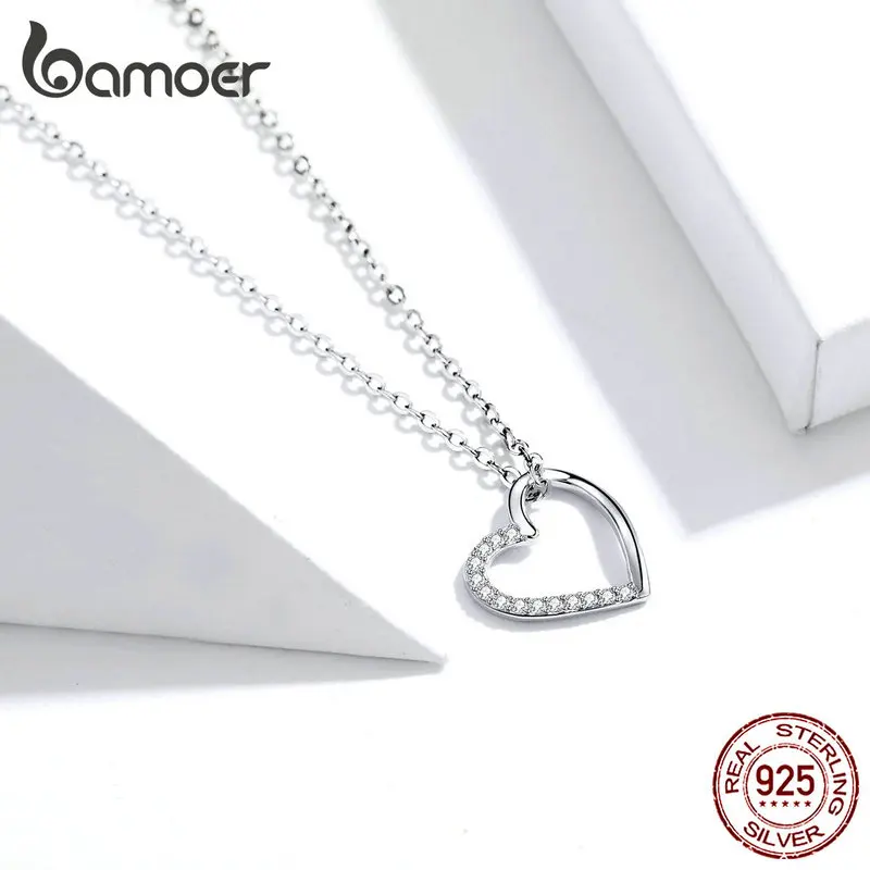 bamoer Genuine 925 Sterling Silver The shape of love Chain Necklace for Women Fine Jewelry New Collar SCN347