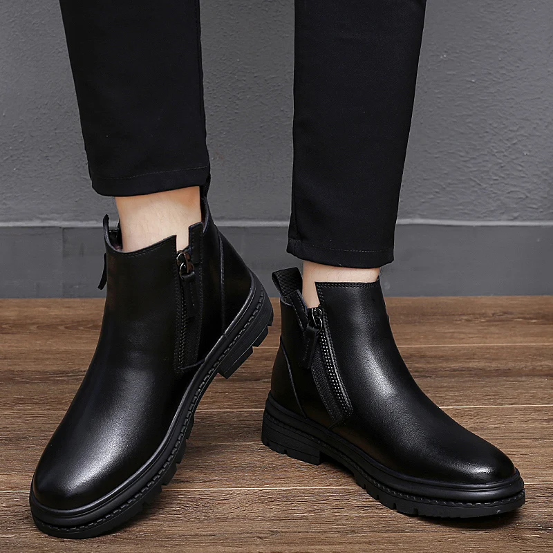 Luxury Black Genuine Leather Men\'s Boots Winter Keeps Warm Wool Casual Fur Boots Men Dress Boots Fashion Zipper Business Shoes