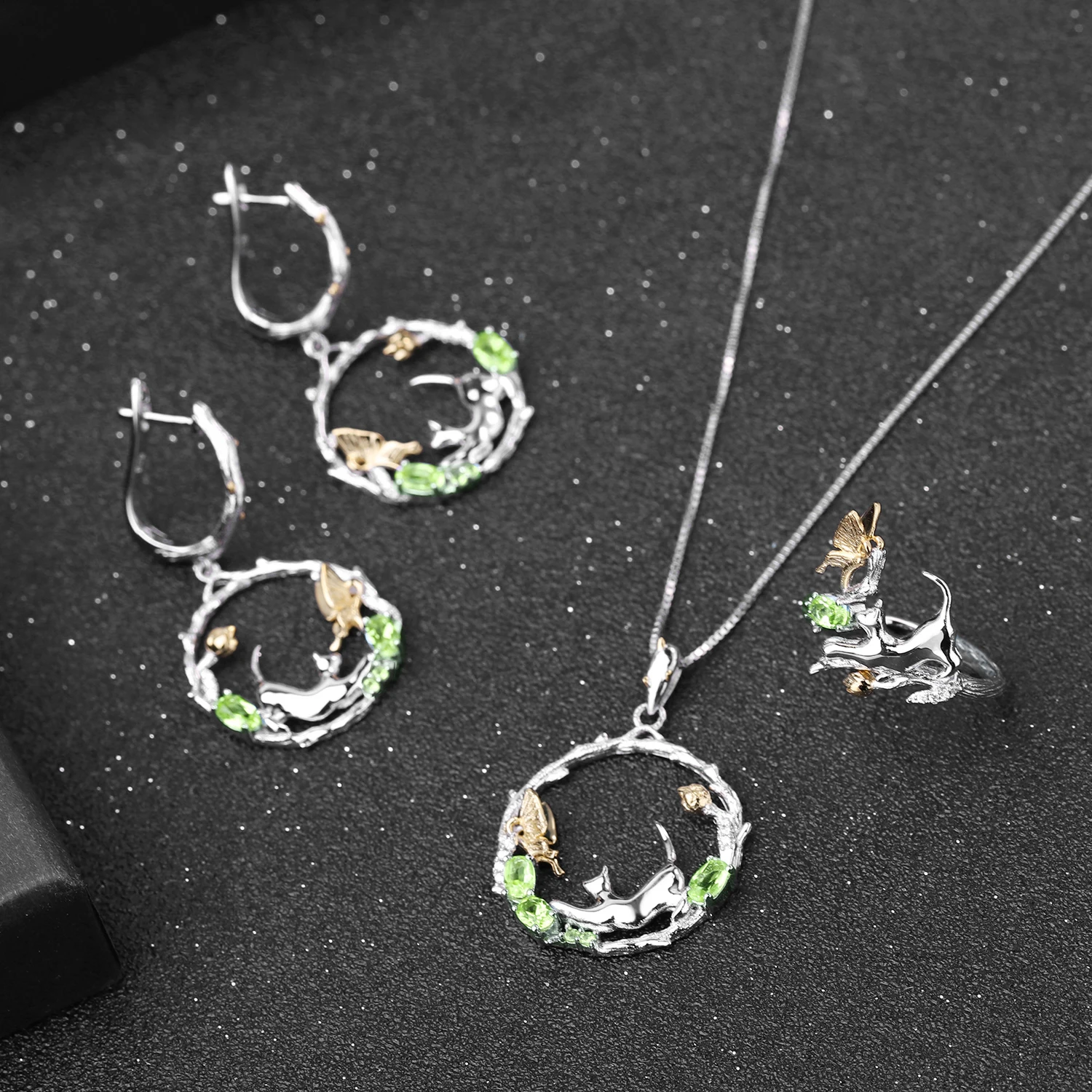 GEM'S BALLET 925 Sterling Silver Cat Butterfly Ring Earrings Pendant For Women Jewelry Sets Natural Peridot Gemstone Animal Set