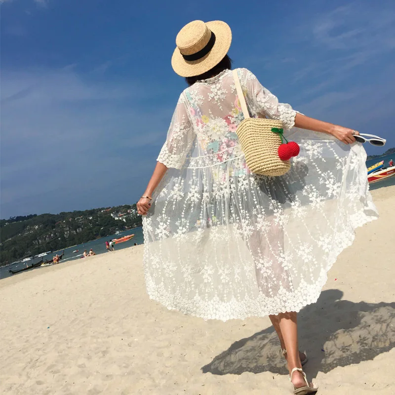 Korean Lace Cover Up Women White Beach Dress Ladies Bikini Cape Summer Boho Sexy See Through 3/4 Sleeve Mesh Cardigan