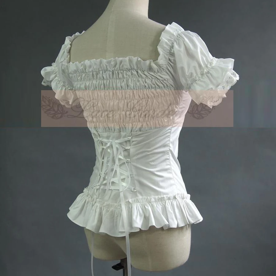 Chemises courtes gothiques vintage pour femmes, chemise victorienne blanche, chemise en coton bandage en dentelle plissée en Y, chemisier Lolita