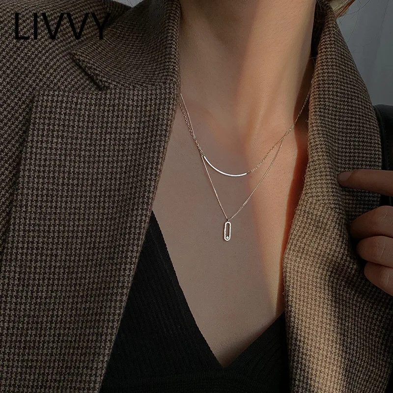 LIVVY 실버 컬러 더블 레이어 타원형 지르콘 펜던트 목걸이 여성 쇄골 체인 간단한 우아한 수제 보석 