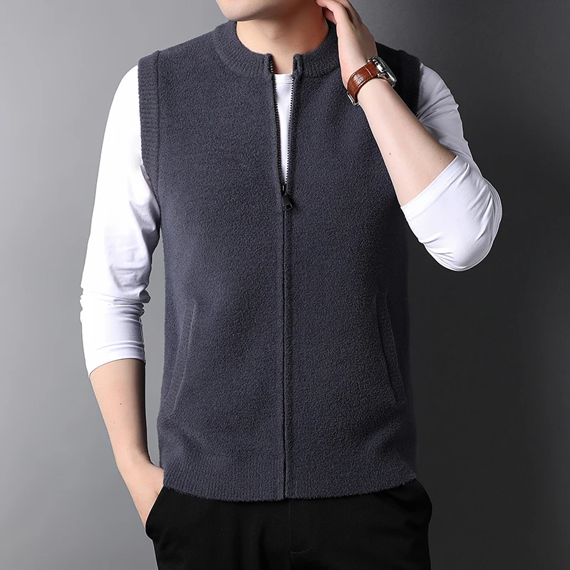 Top Grade New Autum Winter Fashion Brand Zipper Knit Cardigan Sweater Vest Men Retro Crew Woolen Sleeveless Casual Man Clothes