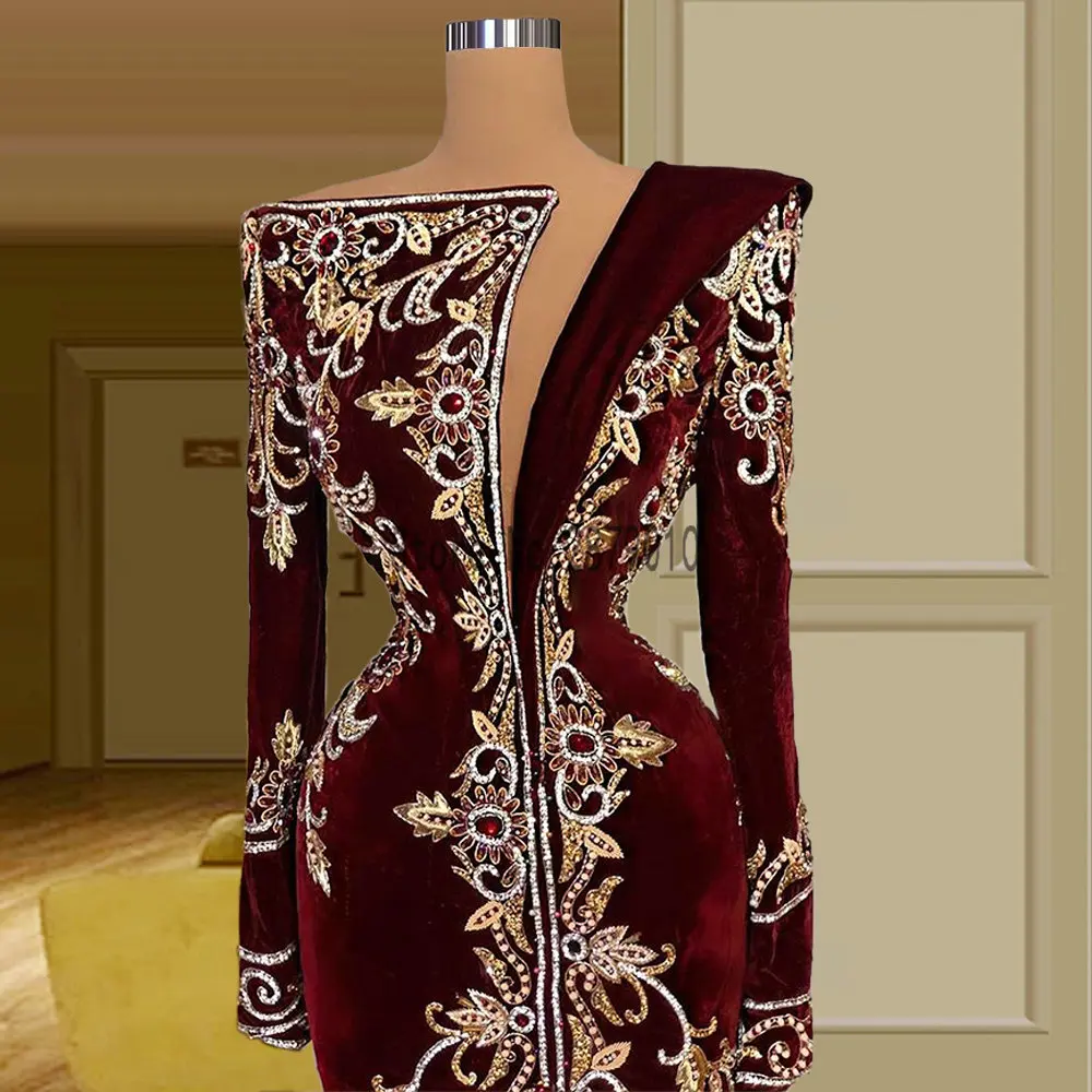 Dubai Luxury Embroidery Evening Dresses Muslim Long Sleeve Mermaid Evening Gowns Arabic Middle East Formal Dress