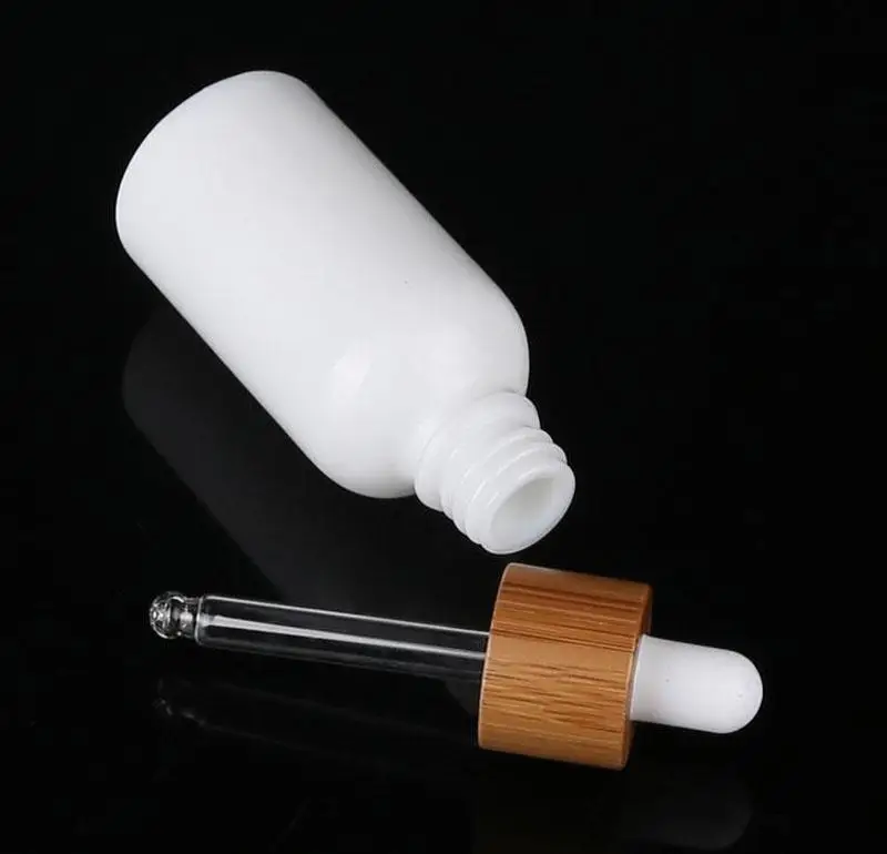 10ml 15ml 30ml white essential oil dropper bottle cosmetic glass pipette packaging container with wood grain bamboo lid cap