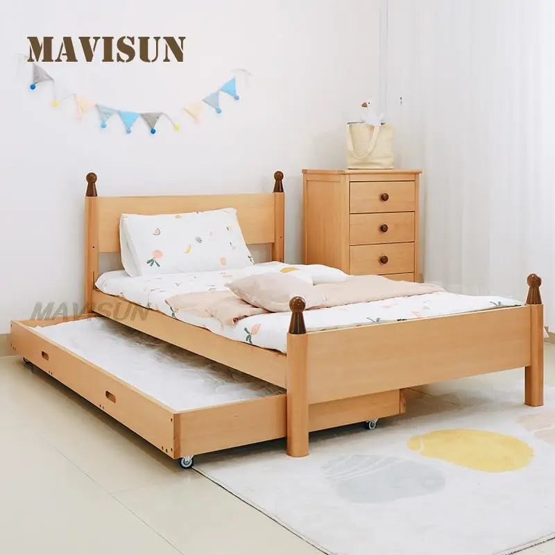 Modern Minimalist Style Children\'s Bed Beech Wood Boy And Girl Designer Drag Bed Pull-Out Storage Bedroom Furniture