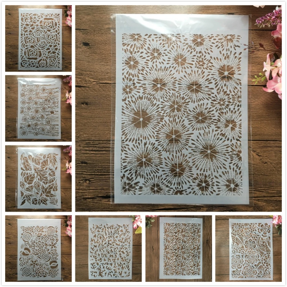 8Pcs/Lot A4 29cm Flowers Firework DIY Layering Stencils Wall Painting Scrapbook Coloring Embossing Album Decorative Template