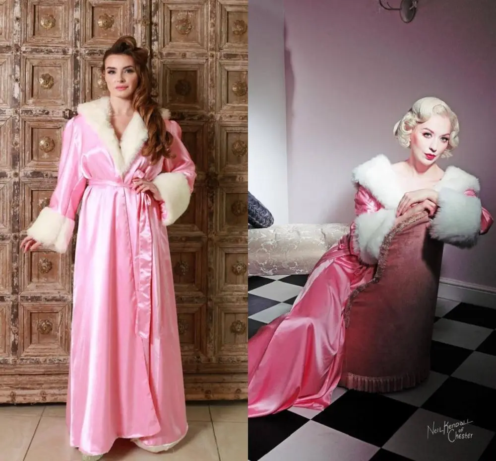 Pink Fur Bathrobe Women's Robe & Gown Blet Silk Bathrobe Night Dress Sleepwear Womens Sleep Gowns Robe Femme Lingerie