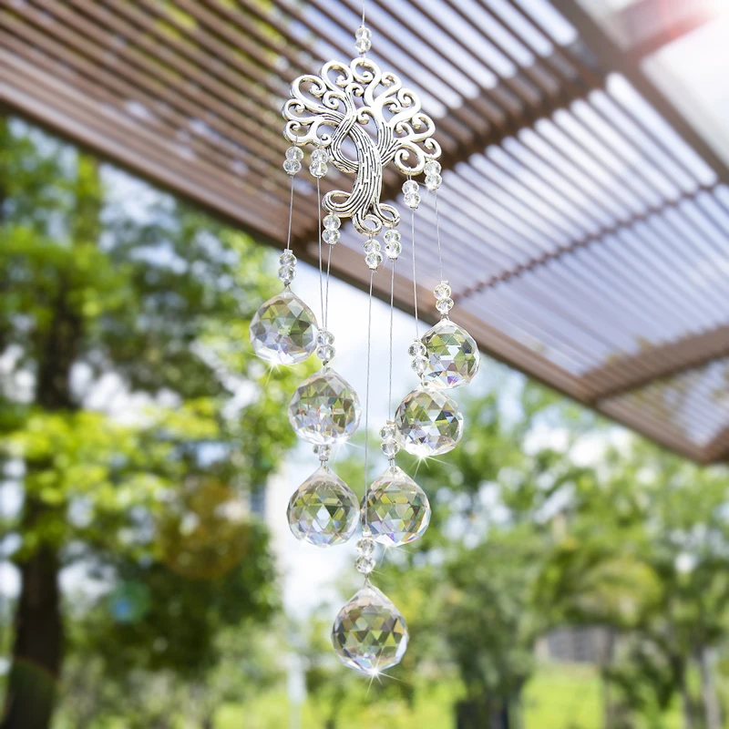 H & D-atrapasoles de cristal colgante con bola de cristal, Prisma arcoíris, árbol de la vida, decoración para jardín, hogar al aire libre, ventana