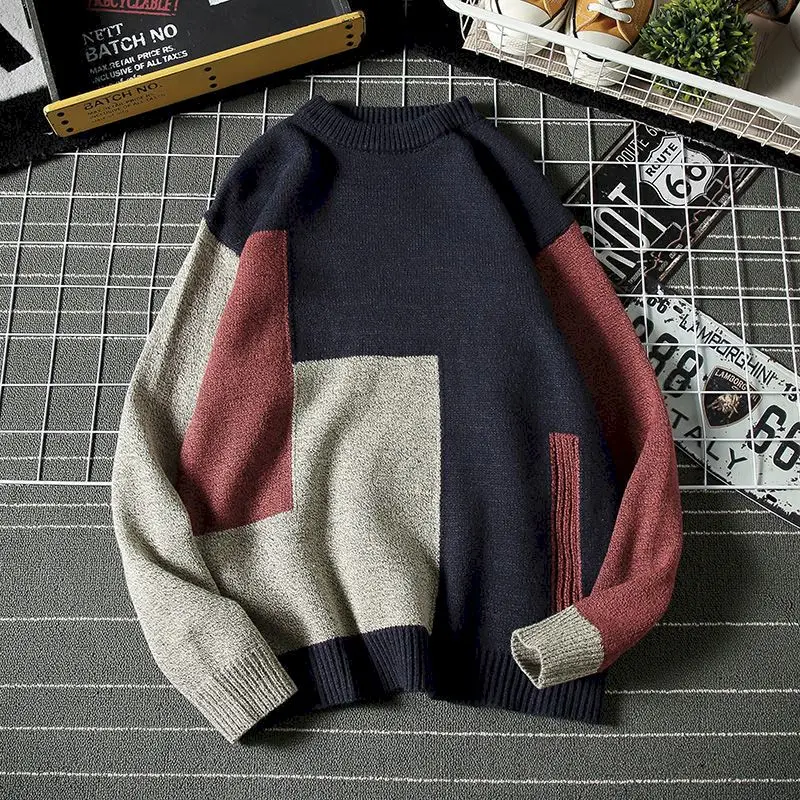 Fonekie Fall Winter Sweaters Men Korean Handsome Trend Personality Color Matching Hoodie Loose Oversize Thick Knit Sweater Coat