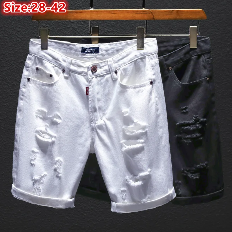 Summer Denim Off White Shorts Ripped Holes Black Half Jean Boys Popurlar Scratched Korean Distressed Plus Size 38 40 42 Trousers