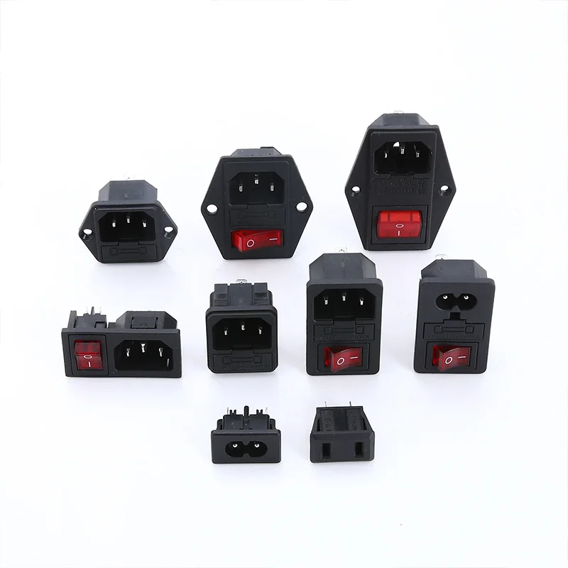 2 3 Pin IEC320 C14 Electrical Power Socket LED 250V Rocker Switch Brass 10A C6 Fuse Inlet Plug Connector Computer Mount Outlet