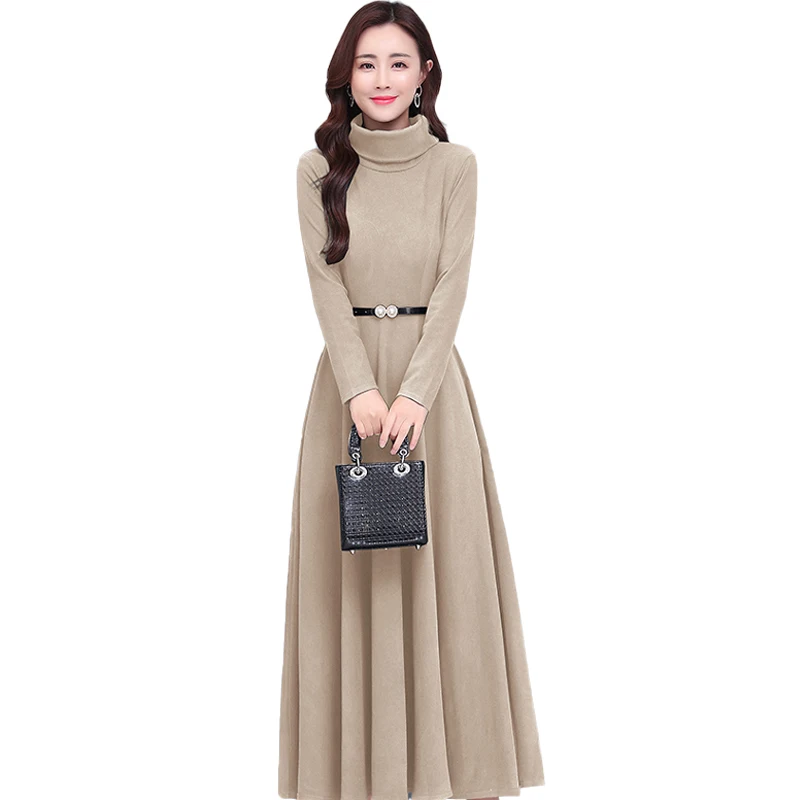 Autumn Winter Flannel Thick Warm Maxi Dress Women Black Korean Vintage Party Vestidos 2024 New Elegant Bodycon Turtleneck Dress