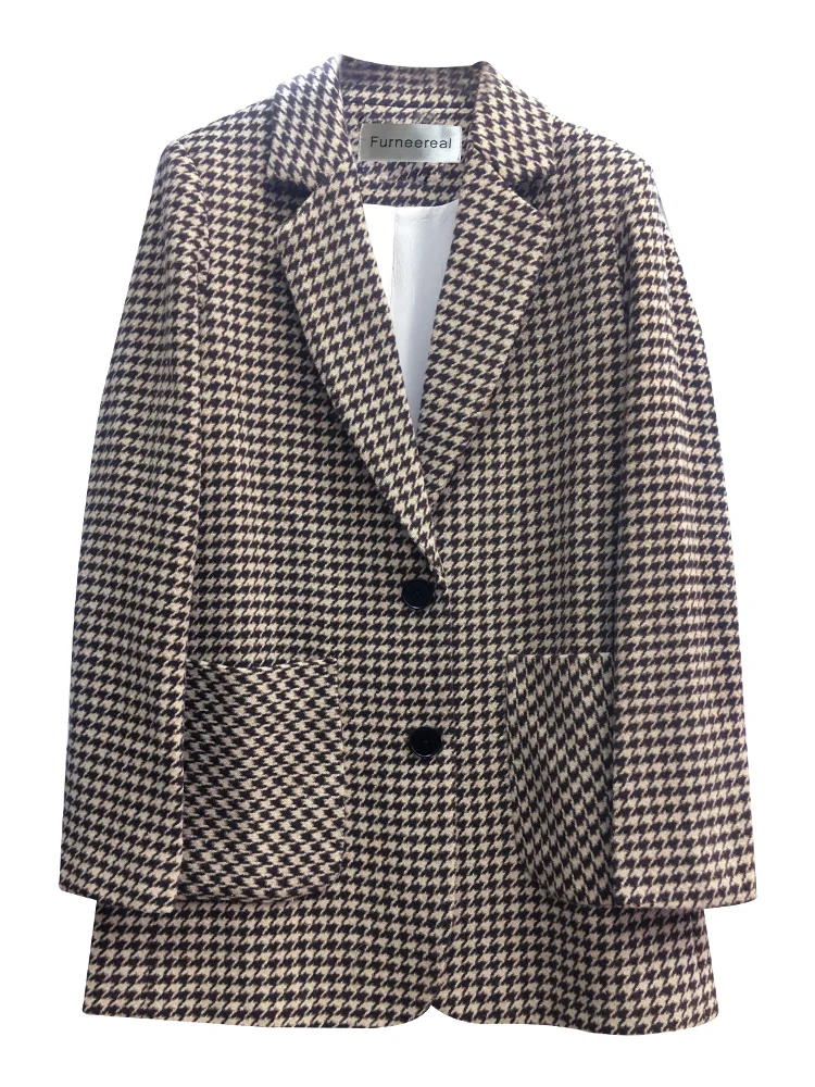 Retro houndstooth woolen small suit jacket 2021 spring new temperament Korean thick woolen cloth ladies