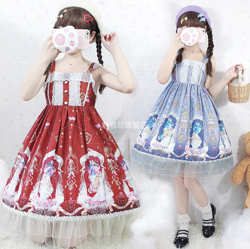 Vestido de lolita estilo kawaii para chica, ropa vintage de encaje con estampado de cintura alta, estilo victoriano, loli, cosplay gótico, lolita jsk