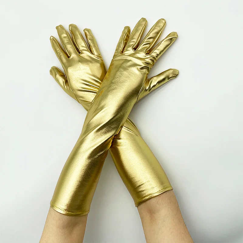 Ladies Gold Silver Fake Leather Metallic Gloves Evening Party Performance Mittens Women Sexy Elbow Length Long Latex Gloves