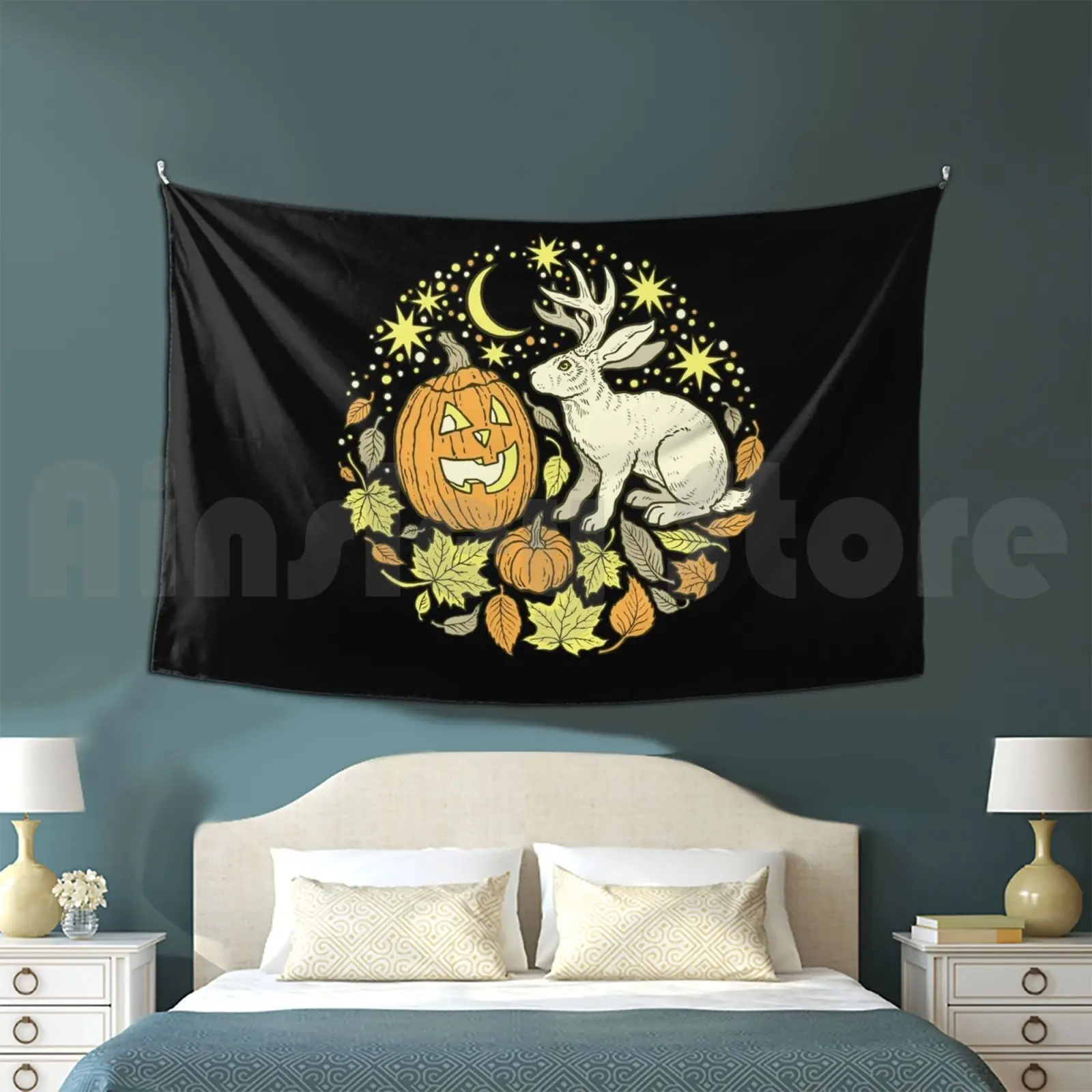 

Halloween Friends | Spooky Brights Palette Tapestry Living Room Bedroom Jackalope Bunny Bun Rabbit Jack O Lantern