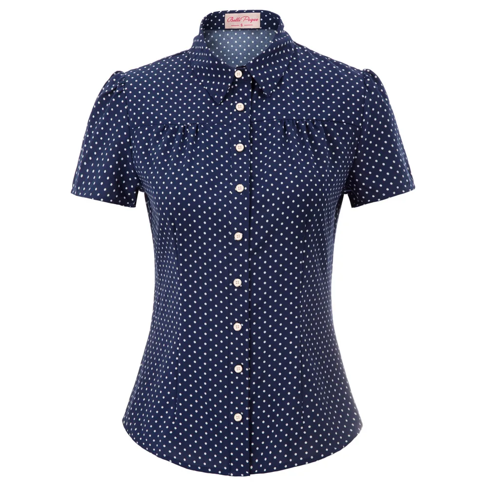 Women Shirt Retro Vintage Polka Dots Short Sleeve Shirts Summer Office Lady Casual Slim Design Square Collar Curved Hem Shirt