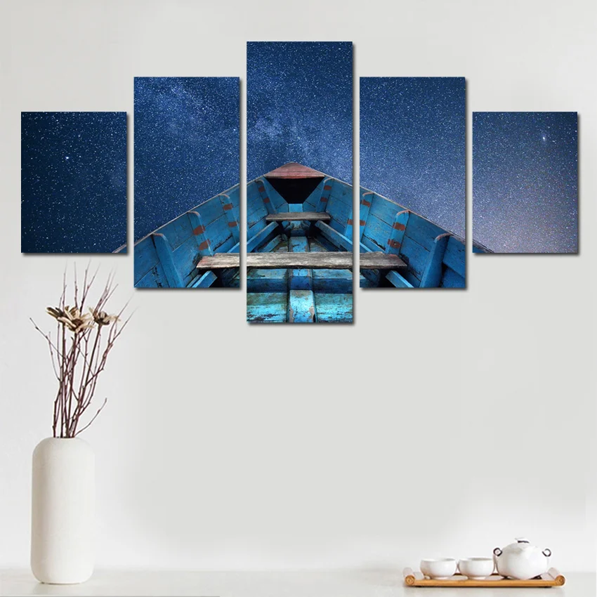 

Wall Art Canvas Painting Poster Dark Blue Sky Starry Wooden Boat Modern 5 Panel Landscape Fantasy Universe Print For Living Room