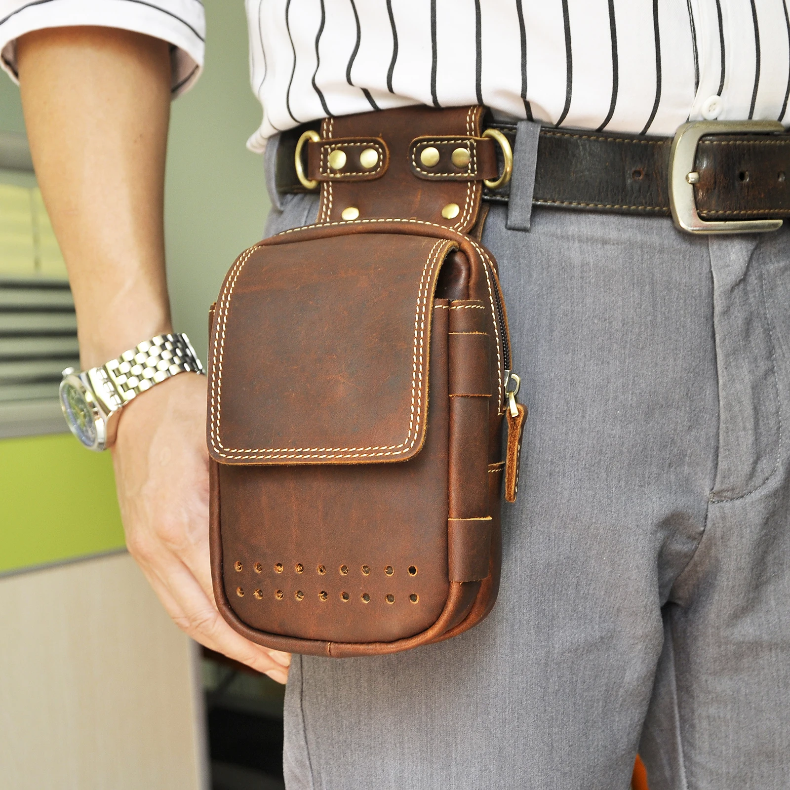 Quality Leather men Casual Design Small Messenger Shoulder Bag Fashion Fanny Waist Belt Pack Cigarette 6\