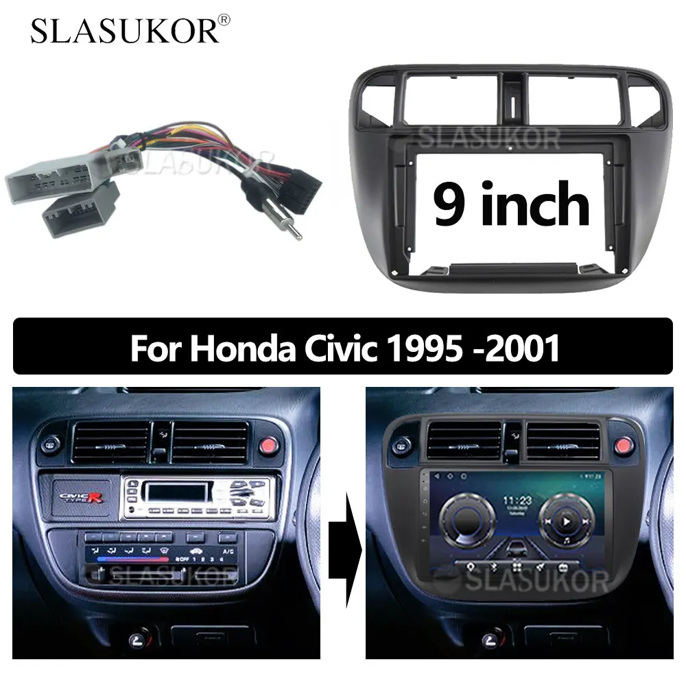 

9 INCH Fascia fit For Honda Civic 1995 1996 1997-2001 Cable Mp5 ABS Stereo Panel Dash Mounting Installation Trim Kit Frame Bezel