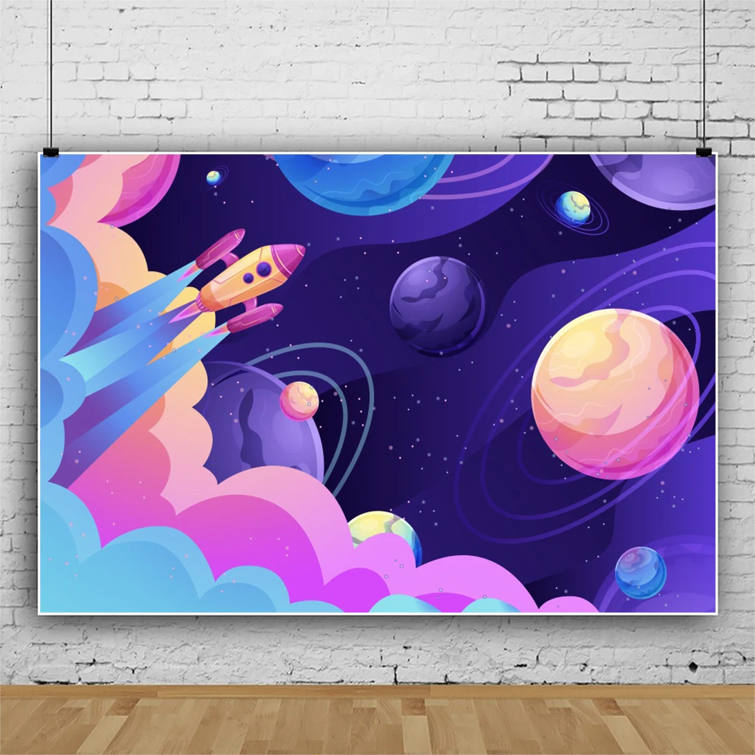 Laeacco เด็กวันเกิดการถ่ายภาพพื้นหลังที่มีสีสัน Fantastic Planet Rocket ภาพที่กำหนดเองฉากหลัง Photocall สำหรับ Photo Stud