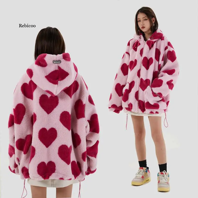 Harajuku Heart Full Print Plush Jacket Women Winter 2021 Korean Large Size Long Sleeve Hooded Cotton Coat Thick Warm