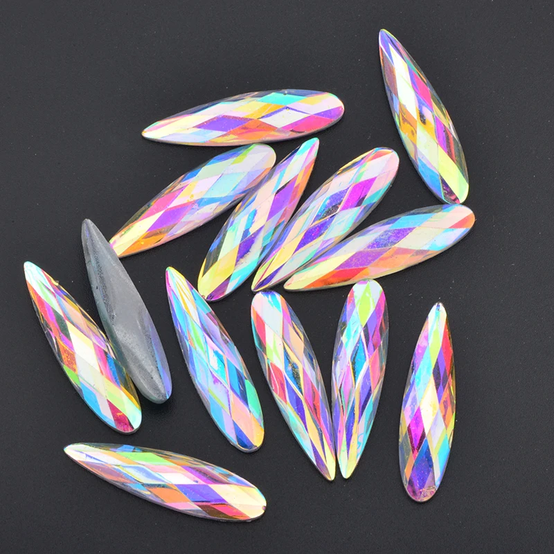 JUNAO 20Pcs 9*36mm Large Crystal AB Teardrop Rhinestone Flat Back Glue On Acrylic Strass Applique Non Hotfix Crystal Stones