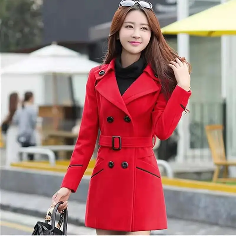 

Spring Autumn Coat Slim Wool Jacket Women Double Breasted Coats Elegant Overcoat Basic Coat Pockets Woolen Long Coat M-3XL