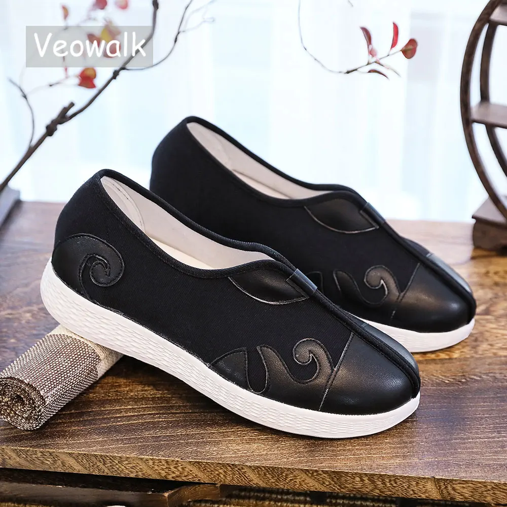 Veowalk Retro Japanese Style Men Casual Black PU Canvas Patchwork Loafers Comfortable Casual Slip-Ons Sneakers Driving Shoes