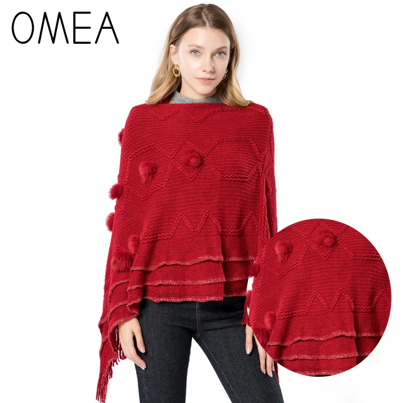 OMEA Knitted Winter Poncho Women Pullover Poncho with Ponpon Tassel Geometric Pattern Faux Fur V-neck Boat Neck Spring Warm Cape