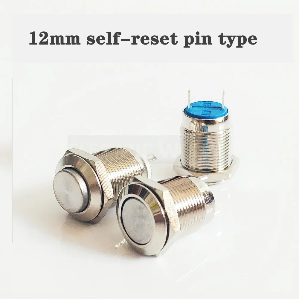 Interruptor de botón de Metal de 12mm y 16mm, 2 pines, 2 tornillos, sin luz, interruptor impermeable momentáneo, botón de encendido de autoenganche