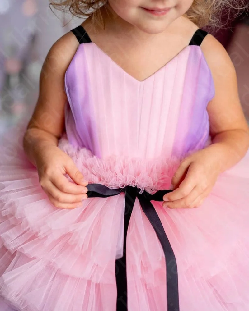 In vendita abiti da bambina corti rosa carino abiti da festa per bambini senza maniche indietro fuori al ginocchio gonna a strati per abbigliamento formale per bambini 2021