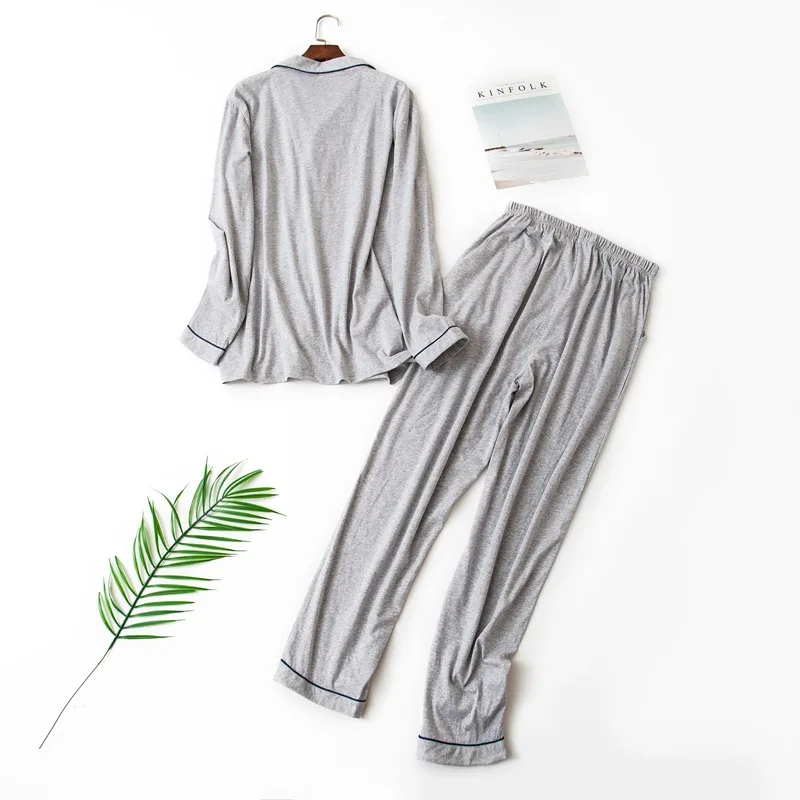 Conjuntos casuais de pijama de manga comprida masculino, terno pijama masculino, camisa e calça com gola virada para baixo, roupas de casa 100% algodão, primavera, outono, 2022