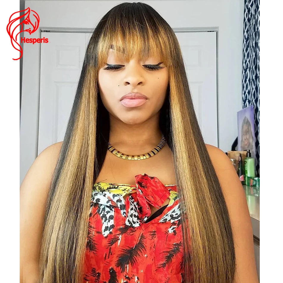 

Hesperis Blonde Highlight Wig With Fringe Brazilian Remy Wear And Go Silk Straight Full Machine Made Human Hair Wig With Bangs