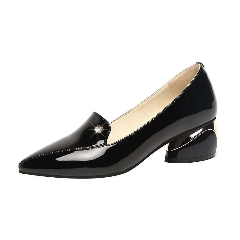 Plus Size  Office Lady Shoes Black Patent Leather Dress Shoes Pointed Toe Boat Shoes Med Heels Pumps zapatos mujer